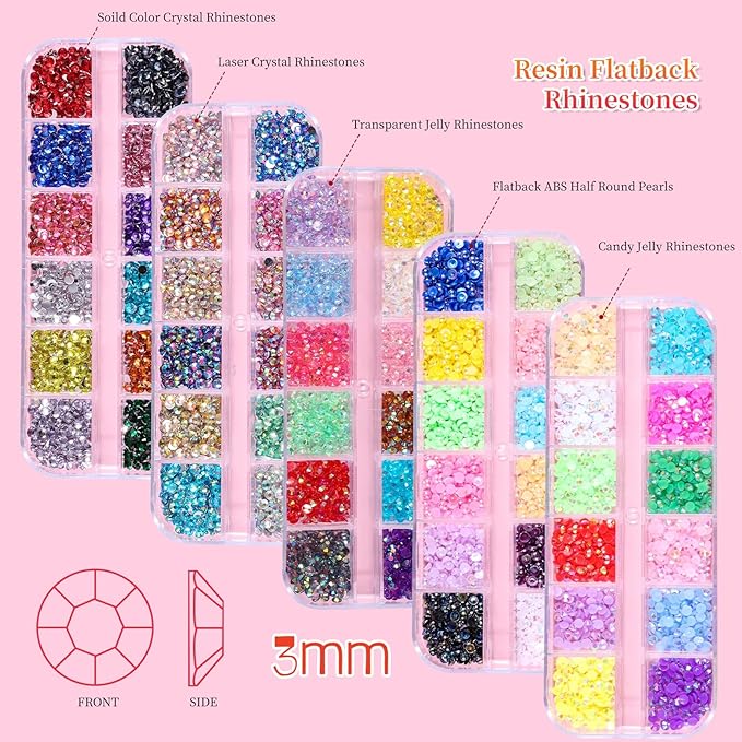 5 Boxes 7200pcs Sparkling Crystal Nail Rhinestones Pearls Kit, Flatback Multicolor Transparent Jelly AB Mermaid Gems with Pick Up Pen and Curved Tweezers for Manicure Salon & Craft DIY Designs (3mm)