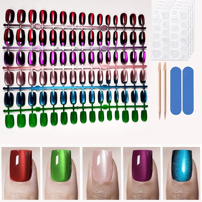 150Pcs Cat Eye Press on Nails Short Square Fake Nails 5 Color Glitter Glossy Glue On Nails Full Cover Shiny Acrylic False Nail Tips Kit for Women DIY Nail Art Manicure 15 Size