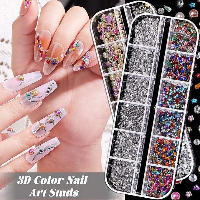 Nail Charms and Gems, Charms for Nails Design Kit with 10 Boxes 3D Nail Charms Colorful Clear Flat Back Rhinestones and Nail Pearls,Diamonds,Picker Tools, Nail Rhinestones and Charms for Nail Art