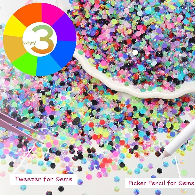 15000Pcs Color Rhinestones for Bedazzling Kit, 3mm Jelly Bedazzling for Crafting, Resin Flatback Rhinestones for Bedazzling, Color Gems Diamond for Crafting Face Makeup DIY Accessories