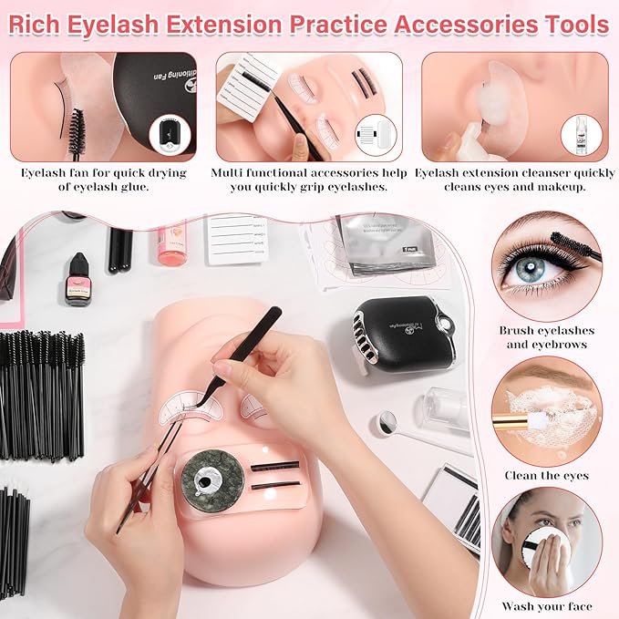 Lash Kit for Eyelash Extension Beginners Eyelash Extension Kit with Lash Mannequin Head, Eyelash Extension Practice Starter Kit with Everything USB Fan Lash Glue False Eyelash Lash Shampoo