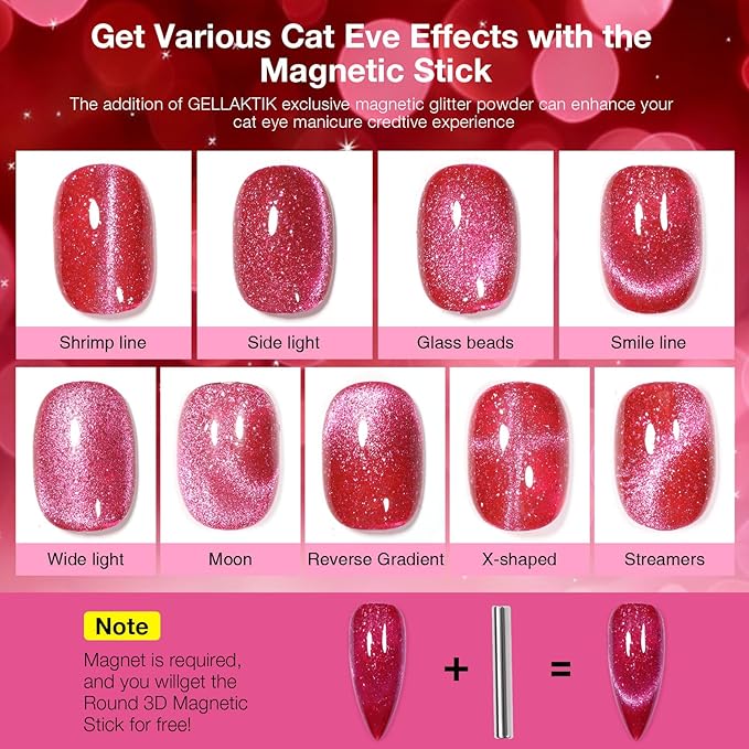 Ruby Pink Cat Eye Gel Nail Polish with Magnetic Stick - 12ML Glitter Magnetic Nail Polish for Multiple 3D Effects, Soak Off UV LED Gel Polish for DIY Manicure Salon Gifts for Women
