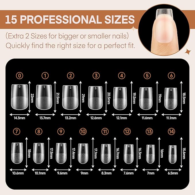 Short Square Nail Tips Full Matte 360pcs Pre-file Square Tips for Acylic Nails Tips False Nail Tip Press on Nails for Nail Extension 15 Sizes