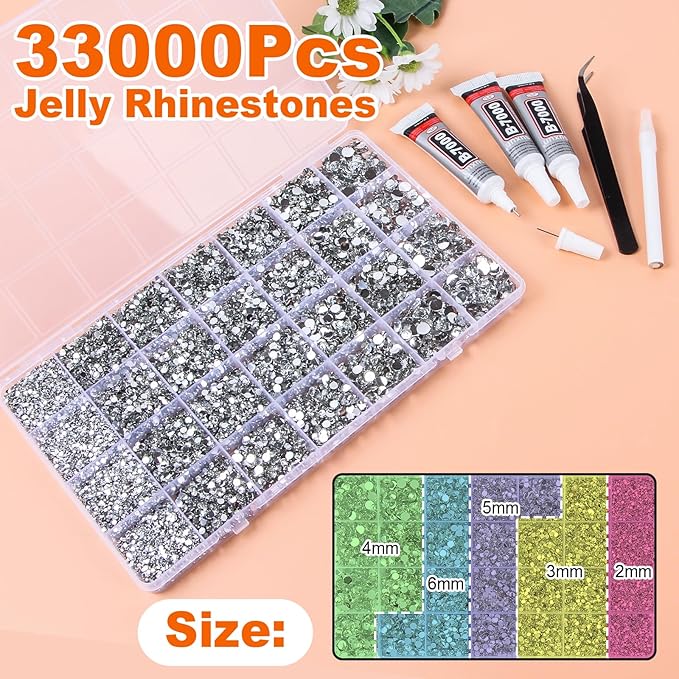 33000Pcs White Resin Jelly Rhinestones for Bedazzling, 2-6mm Flatback Gems for Diamond Art, Bedazzler Kit with 3Pcs 10ml B7000 Jewelry Glue for Crafting Crafts Nail Art
