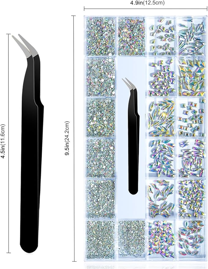 Glass Crystal AB Nail Jewels & Flatback Rhinestones Kit - Multi Shape Nail Gems & Diamonds 3D Charms with Wax Pencil & Tweezers