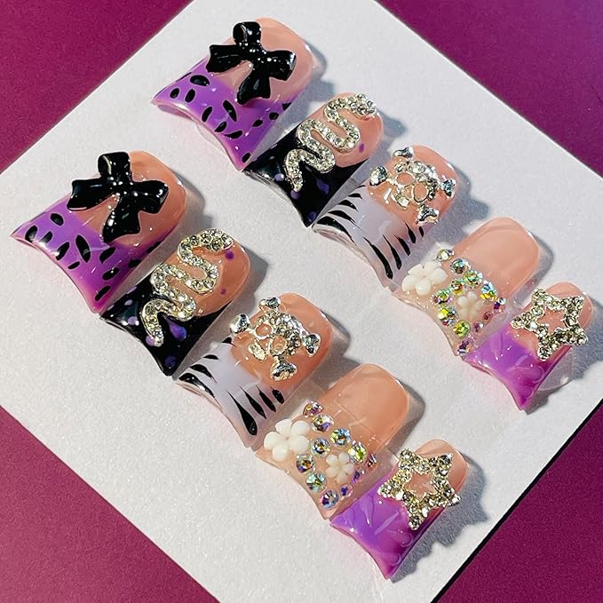 10 Pieces Luxury Acrylic Y2K Press On Nails Short Handmade Duck Nails, Black Bow Tie, Skull And Snake Rhinestones decoration, Orange Thickened False Nails, Reusable Acrylic Nails (S)