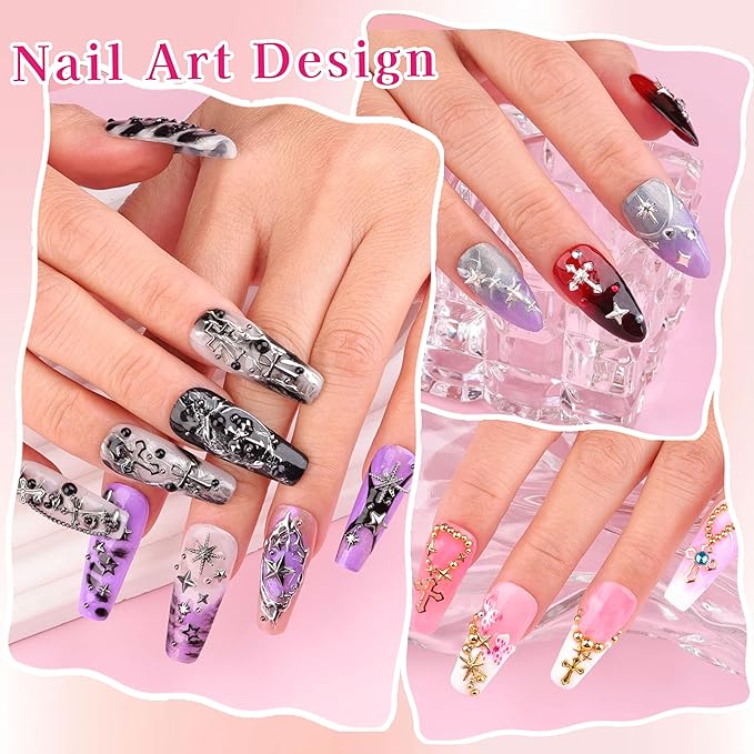 6 Boxes 3D Metal Nail Art Charms, Gold Silver Black Star Cross Nail Studs Metallic Caviar Beads for Nails Design Y2K Charms Punk Nail Chains Nail Decorations with Tweezers for DIY Manicure Supplies