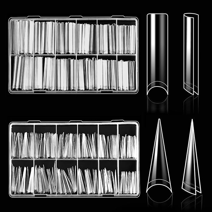 ELLEWIN 480PCS No C Curve Clear Nail Tips, 3XL Extra Long Half Cover Straight and Stiletto Nails for Acrylic Nails Kit, 10 Sizes Soft Gel Fake Nails Extension for Salons and Home DIY Gifts