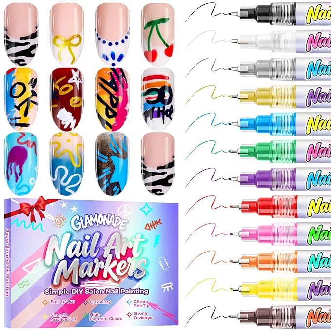 Nail Art Markers for Kids: 0.5MM Fine Tip Vibrant Nail Polish Pens Non Toxic Set for Painting Decorate Nails Graffiti Pens DIY Salon Design & Quick Dry Hours of Fun Girls Safe Manicure Gift