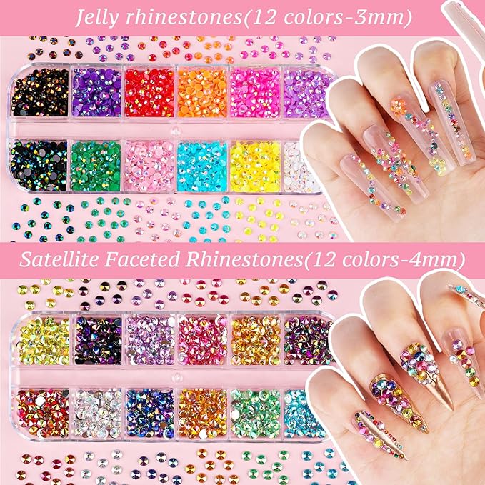 12 Boxes Nail Art Kit, Colorful Crystal Rhinestones Nail Jewels Flatback Pearls Acrylic Flower Nail Charms Caviar Beads 3D Metal Gold Studs Rivet Holographic Iridescent Sequins with Pickup Tools