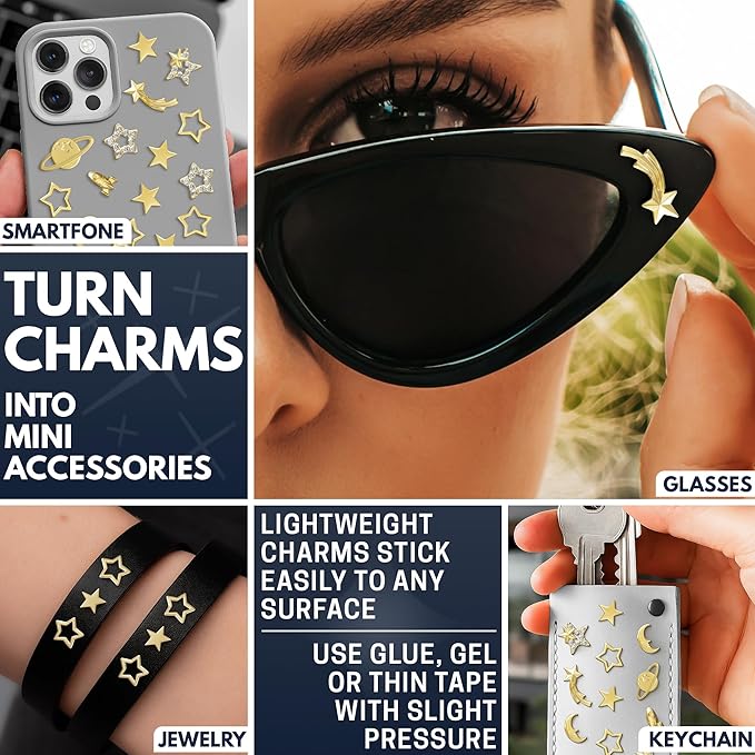 110 Pcs Gold Star Nail Charms – Complete Gold Nail Charms and Gems Kit with Stars, Planets, Moon, Crosses & Rockets – Designed for Creating Detailed, Custom Manicure Designs with Easy Application