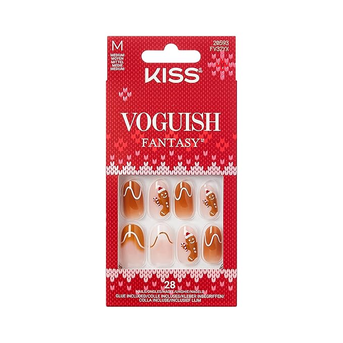 KISS Voguish Fantasy Holiday Press On Nails, ‘Holly Nights’, Brown, Medium Oval, No Damage To Natural Nails, Pink Gel Nail Glue (2g), Mini Nail File, Manicure Stick, & 28 Fake Nails