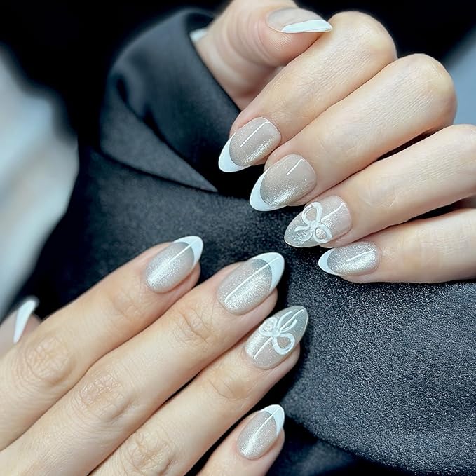Press On Nails Short Almond Pearlescent Shimmer Cat Eye with French Tip White 3D Bow|Reusable Soft Gel Nails in 12 Sizes-24 Nail Kit with Glue|Designed in L.A, Handmade in Vietnam|Pearl Belle