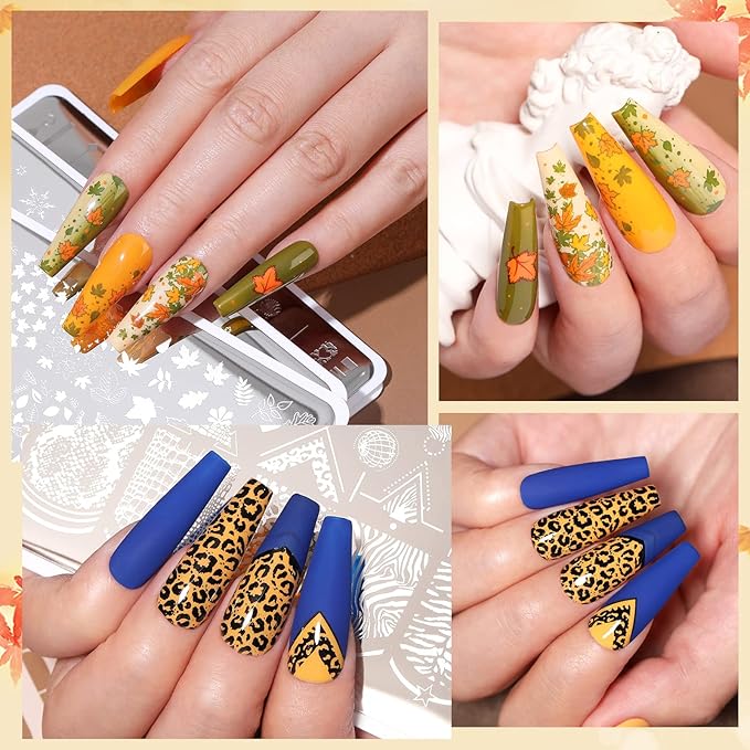 Born Pretty Christmas Nail Stamping Plates 8PCS Nail Art Design Kit Fall Winter Halloween Christmas Tree Patterns Templates with Snowflake Cute Deer Nail Art Image Plates DIY Printing Tools