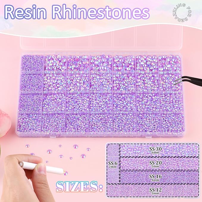 30000Pcs Resin Rhinestones for Bedazzling with B7000 Jewelry Glue, Lavender Purple AB Flatback Gems Rhinestones for Crafting, Clothing Tumblers Mugs Shoes Fabric Decor Nail Art