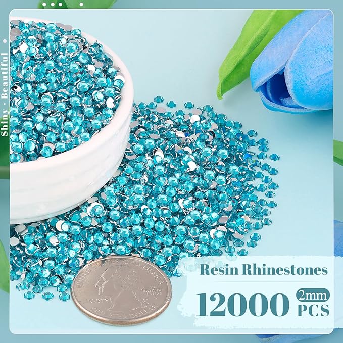 12000PCS 2mm Resin Rhinestones Bulk for Crafting (Indicolite), Flatback Bedazzling Crystals for Crafts DIY Nail Decoration, Gems Charms for Tumbler Shoes Clothing Fabric with Pickup Pen and Tweezers