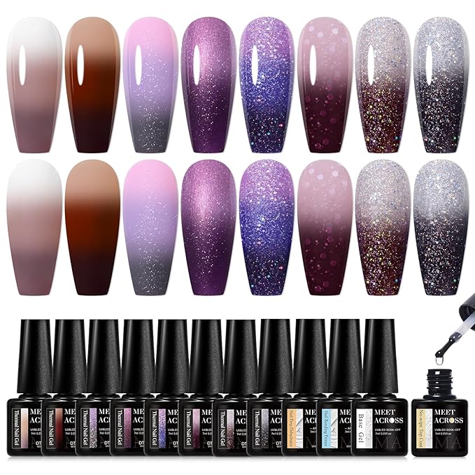 MEET ACROSS 12PCS Color Changing Gel Nail Polish Set Glitter Brown Gray Purple Gel Polish Set Fall Winter Mood Temperature Change Nail Polish UV/LED Nail Art Gifts 8 Colors