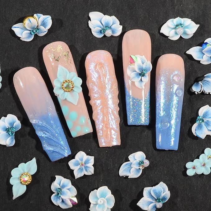30PCS 3D Handmade Flower Nail Art Charms Advanced Handcrafted Cherry Blossom Flower Colorful Sculpted Floral Nails with Rhinestone Caviar Beads Design for Women Profession Nail Art Craft Jewelry