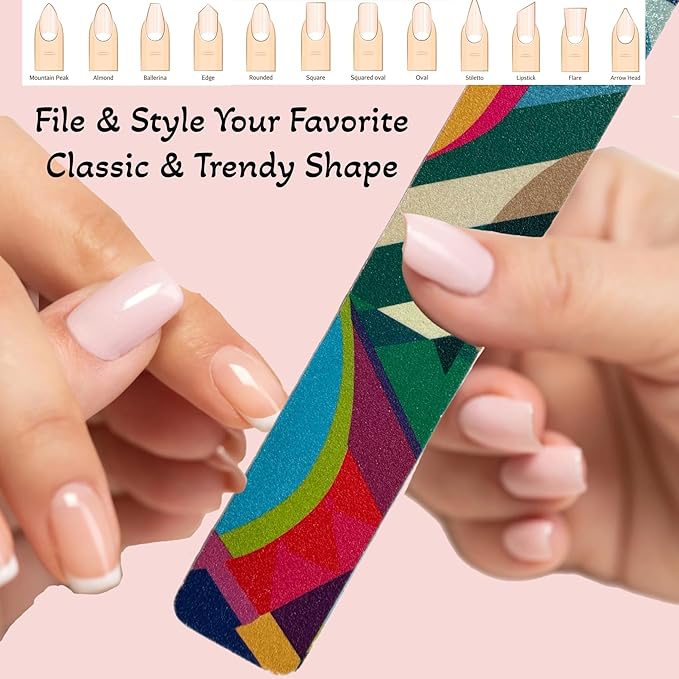12 ALAZCO Jumbo Dual-Sided Nail File Emery Board Medium & Coarse Grit Cushioned Easy Grip Comfort Filing Smoothing Nails TSA Travel Approved Colorful Abstract Design