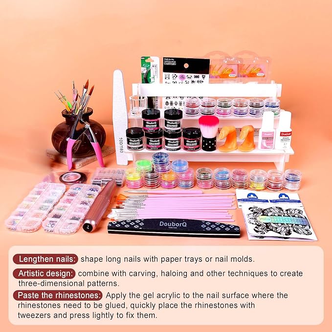 Acrylic Nail Kit for beginners with Everything- acrylic nail kit with drill lamp Acrylic Powder Glitter False Tips Starter Kit - Full Nail Supplies for Nail Extensions