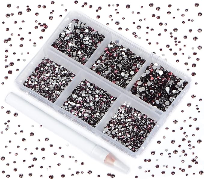 Bymitel 7200 Pieces 6 Mixed Sizes Glue Fix on Glass Rhinestones Round Crystal Gems Flatback for DIY Jewelry Making with one Picking Pen(6-Sizes 7200PCS, Amethyst)