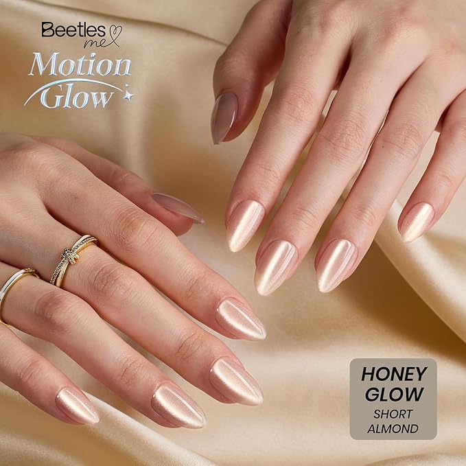 Beetles Motion Glow Cat Eye Press On, Short Almond Press On Nails Kit, 32pcs 16 Sizes, Girls Stick On Nails with Adhesive Tabs & Fast-Dry Nail Glue, Salon-Ready Gift for Women Honey Glow