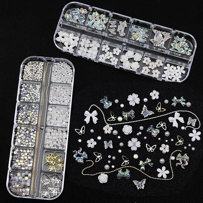 Flatback Nail Art Pearls Flower Bow Butterfly Nail Charms with Rhinestones Gold Silver Colorful Pearls Rhinestones Gems for Women Acrylic Manicure Decorations Supplies