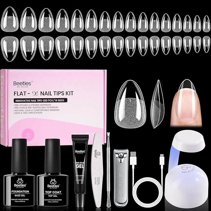 Beetles Gel Nail Kit Flat-X, Almond Short, 320pcs 16 Sizes Nail tips, with 15g Nail Glue Gel Hands-Free, 7.5ml Base Gel & Top Coat, Mini Lamp, for Acrylic Press On Nail, Extension DIY Set at Home
