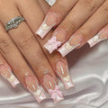 24Pcs Pink French Tip Press on Nails Long Square Fake Nails with 3D Bow Heart Glue on Nails Valentines False Nails Glossy Nude Pink Stick on Nails Cute Bow Acrylic Nails for Women Daily Wear Manicure