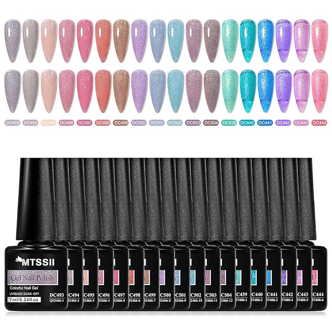 MTSSII Glitter Gel Nail Polish Set Reflective Glitter Gel Polish Nude Nail Polish Kit 18PCS Blue Purple Soak Off Nail Art Gel Manicure Spring Gifts for Women Girls