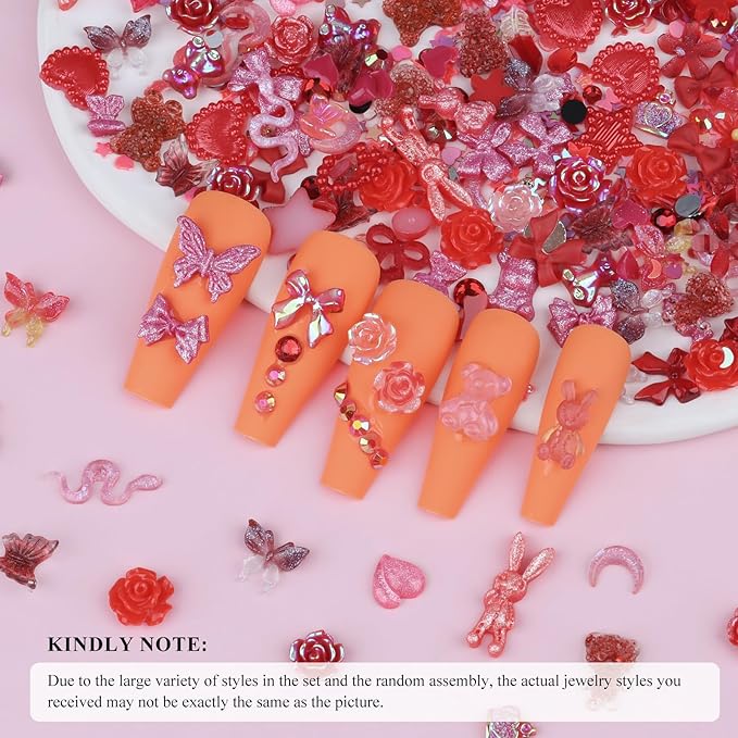 100 Pieces 3D Resin Butterfly Bear Nail Charms Rose Flower Peach Skirt Bow Deer Snake Rabbit Animal Shaped Nail Art Rhinestones Pearls for DIY Nail Art Decoration Making Craft (Red)