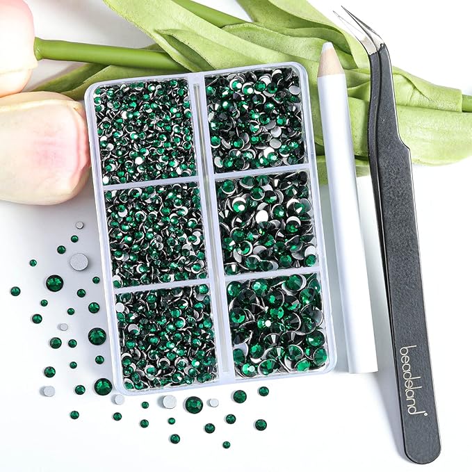 Beadsland 4300pcs Flatback Rhinestones,Green Rhinestone Nail Gems Round Crystal Rhinestones for Crafts,Mixed 6 Sizes with Picking Tweezers and Wax Pencil Kit, SS6-SS20,Emerald
