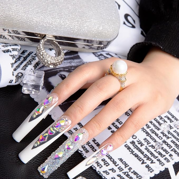 LOVFUL Press on Nails Candy Diamonds & White French Tip | Luxury Spring French Tip Glossy Press On Nails with Bling | Square Long 2.2 in | H36(S)
