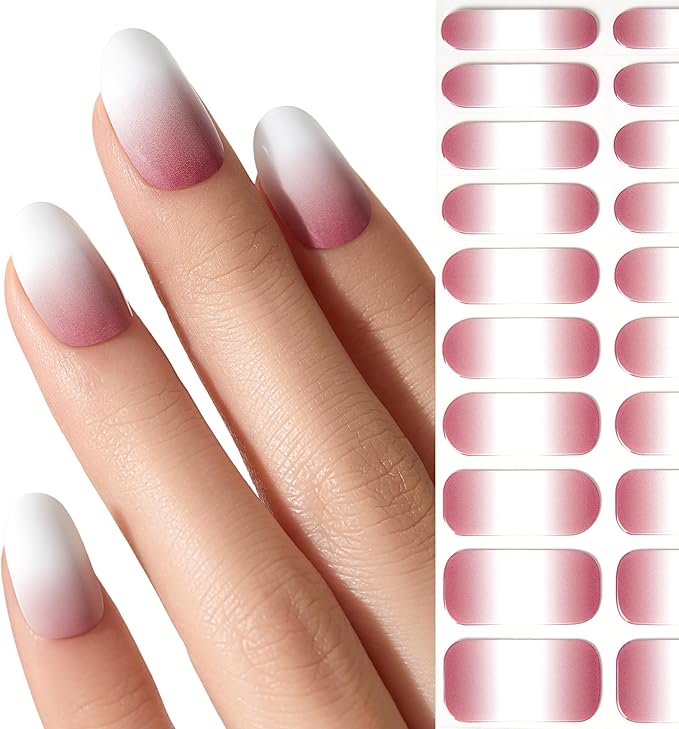 Semi Cured Gel Nail Strips - NAILOG 20 Pcs Gradient Pink Nail Stickers Extra Long Wraps with Glossy Gel Finishing for Spring Summer, Bicerin