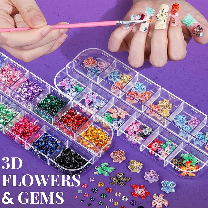 FANDAMEI Nail Charms and Nail Brushes, Nail Accessories Kit with 15 Pcs Nail Art Brushes, 6 Box Nail Charms and Gems, 10 Pcs Flower Nail Stickers, 5 Pcs Dotting Tools, Nail Art Kit with Nail Brush