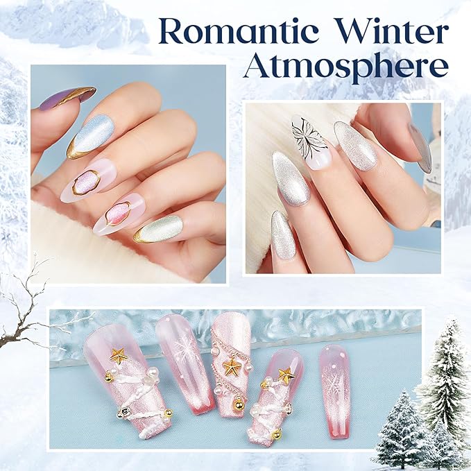 MIZHSE Cat Eye Gel Nail Polish, 8 Colors Velvet Magnetic Gel Polish Kit with Magnet Stick, Holographic Glitter Smoothie Winter Colors Silver Purple Pink Soak Off Nail Art Salon Home Manicure Gift