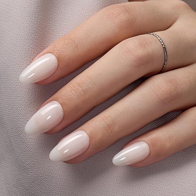 VSALON Almond Short Press On Nails, Milky White Light Curable Sheer Jelly Finish False Nails, Reusable Gel Glue on Nails Kit with Glue - 32 pcs in 16 Sizes