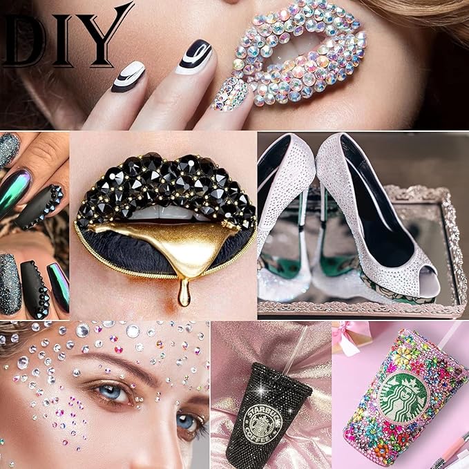 Canvalite 1500PCS Black Rhinestones Flat Back Gems, Nail Rhinestones Nail Art Gems with Pick Up Tweezers and Rhinestone Picker Dotting Pen, Nail Art Tools for Nails, Clothes, Face, Craft