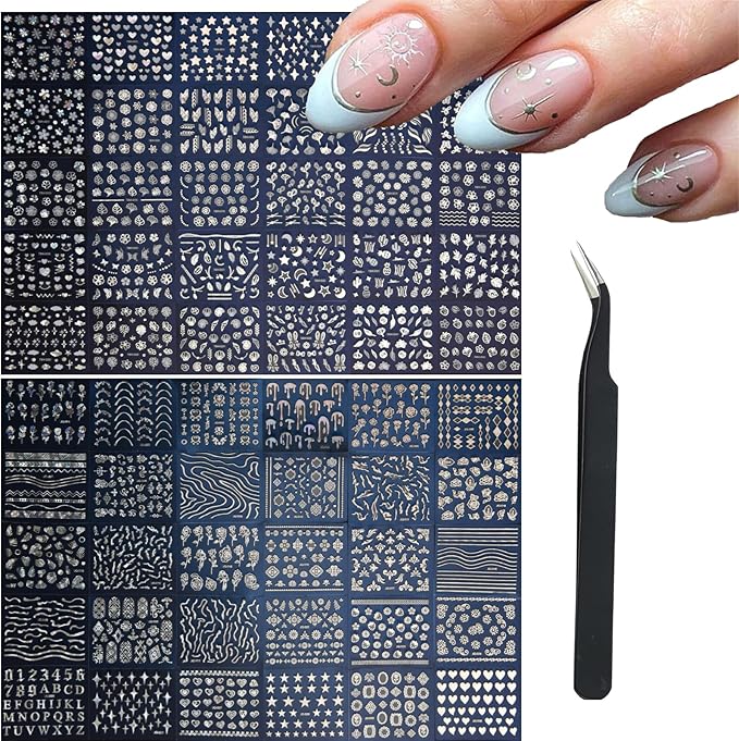 3000Pcs 60 Sheets Silver Nail Art Stickers Silver Aurora Nail Stickers Decals 3D Self-Adhesive Star Flower Nail Decals for Women Girls Salon Home DIY Manicure Nail with Tweezers Included…