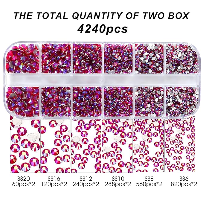 4240Pcs lt.siam AB Flatback Rhinestones 6 Sizes Crystal Diamonds for Nail Art Crafts Clothes Shoes with Tweezers and Picking Pen