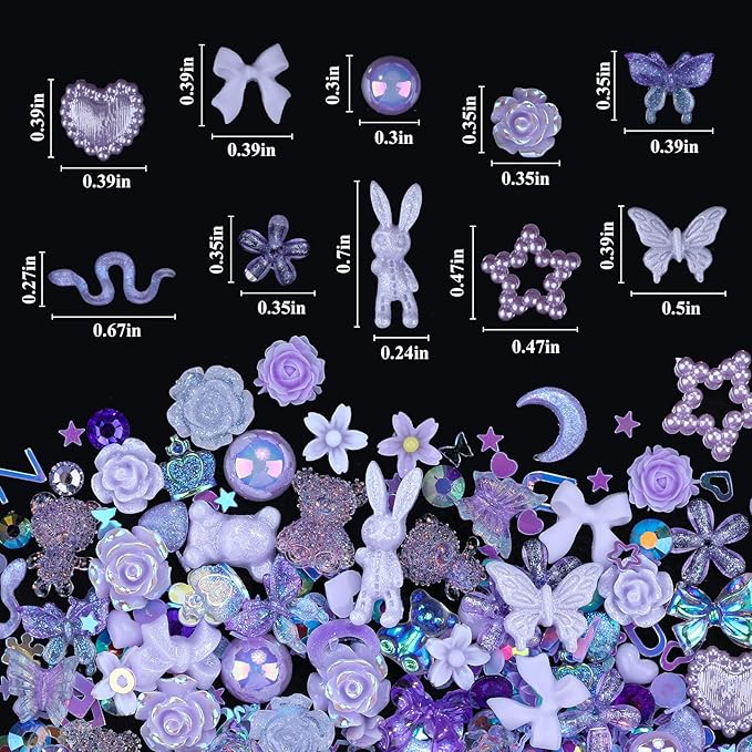 100 Pieces 3D Resin Butterfly Bear Nail Charms Rose Flower Peach Skirt Bow Deer Snake Rabbit Animal Shaped Nail Art Rhinestones Pearls for DIY Nail Art Decoration Making Craft (Purple)