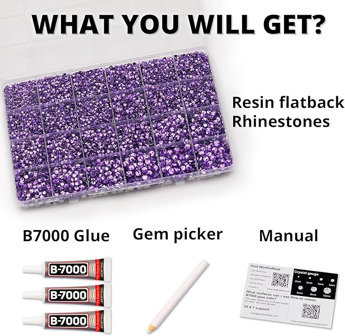 33000Pcs Dark Lavender Rhinestones for Bedazzling, Bedazzler Kit with Flatback Craft Rhinestones Bulk and B7000 Glue, 2,3,4,5,6mm Resin Flat Back Crystals for Craftings, Crafts, Clothes, Shoes, Nails