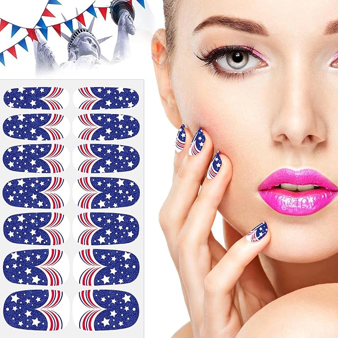 JERCLITY 224 Pieces 16 Sheets 4th of July Nail Wraps for Women Independence Day Polish Strips Patriotic American Flag Self-Adhesive Stickers With File for Memorial Day
