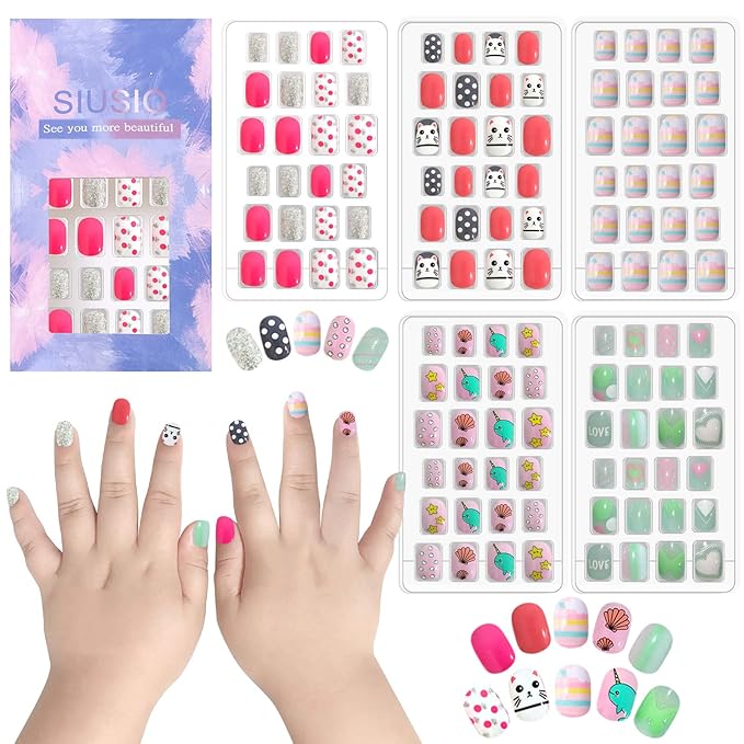 SIUSIO 120 Pcs 5 Pack Children Acrylic Fake Nails Press on Pre-glue Full Cover Glitter Gradient Color Rainbow Short False Nail Art Kits Set Stick on Nails for Kids Little Girls - Pink Hamster