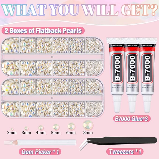 Flatback Pearls for Crafting with 3Pcs 10ml B7000 Jewelry Glue, 2 Boxes of Half Round Beige AB Pearls, Bedazzling Beads for DIY Crafts Clothing Tumblers Shoes Embellishment Nail Art