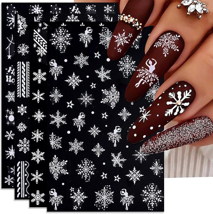 Large Snowflake Nail Stickers, Christmas Snow Self-Adhesive Nail Art Decals for Women Girls DIY Winter Sweater Pattern Knitted Manicure (4 Sheets)