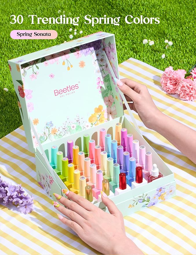 Beetles Spring Gel Polish Set - Spring Sonata Colleciton, 30 Colors Hema-Free Yellow Pink Blue Purple Pastel Colors Polish with Base Top Coat Swatch Card Uv LED Lamp Gel Gifts for Women