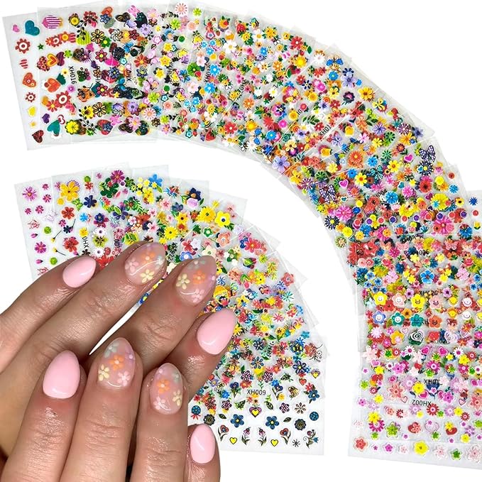 30 Sheets Flower Nail Art Stickers Colorful Flower Nail Stickers for Nail Art 3D Self-Adhesive Floral Designs Nails Decals Spring Nails Supplies for Women Girls Manicure Decorations