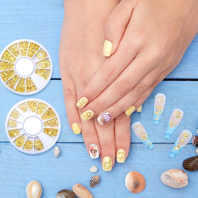 2 Disc Star Nail Art Charms, 3D Alloy Nail Art Decals, Star Moon Handmade Supplies for Women DIY Craft Jewelry Manicure Embellishments- Gold