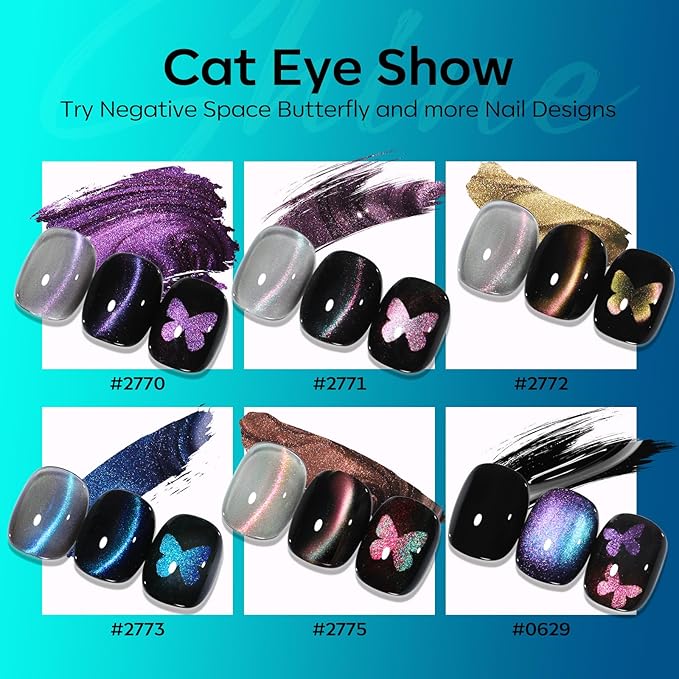 modelones Gel Nail Polish Set, 6 Colors Holographic Colorful Rainbow Glitter Cat Eye Gel Polish Black Purple Blue Green Yellow Coral Pink Nail Polish with Magne Soak Off LED Manicure DIY Gift